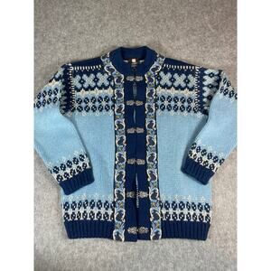 Vintage Fjord Fashion Cardigan Women 44 Fair Isle Chunky Knit Pewter Clasp Artsy
